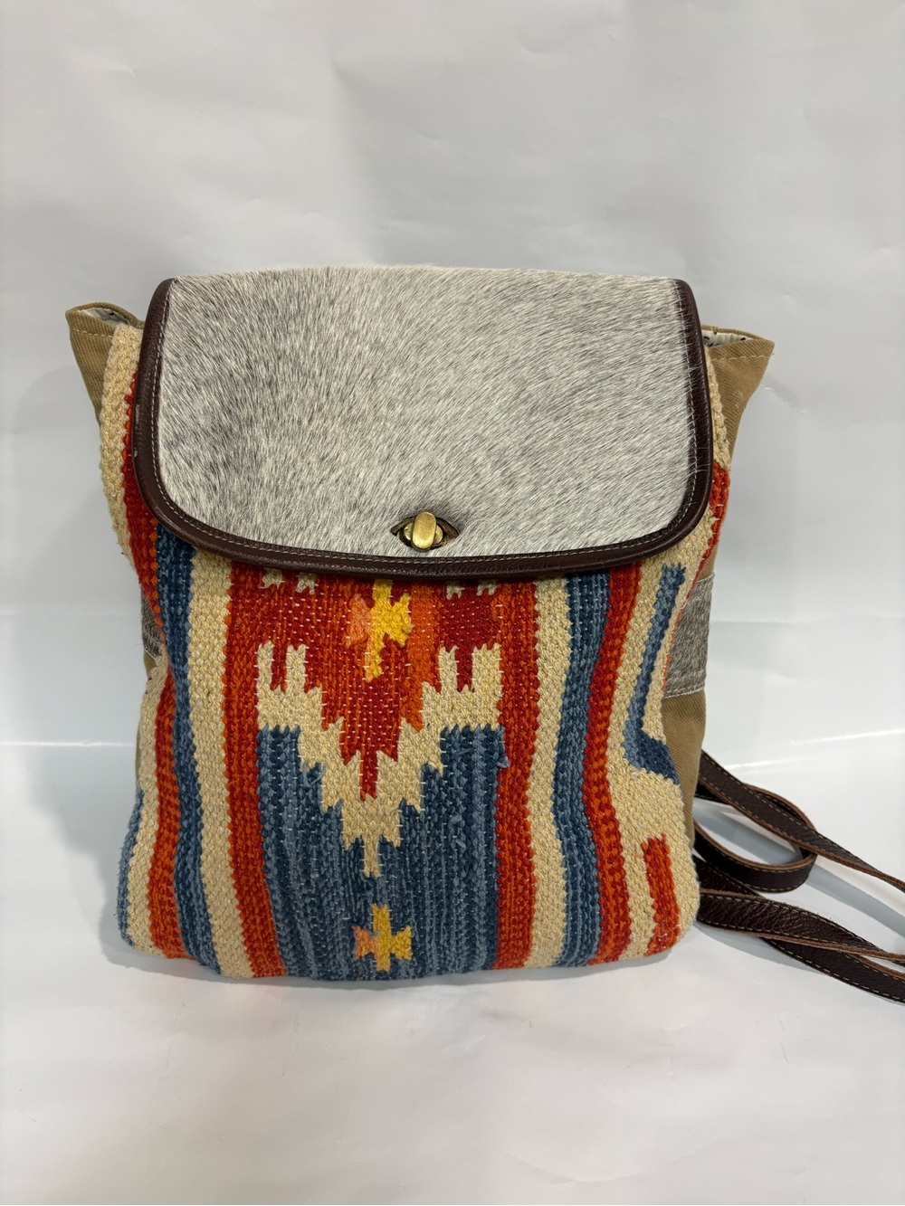 Myra Bag Red, Blue & Tan Southwestern Wool Backpack with Haircalf Flap